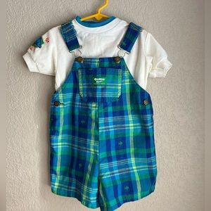 2 piece Vintage OSHKOSH B'GOSH Blue/Green Plaid Fish Shortalls 3t USA